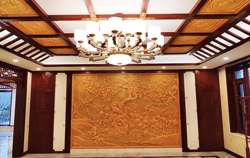 焦作中式别墅客厅中式木作横梁吊顶装饰展示